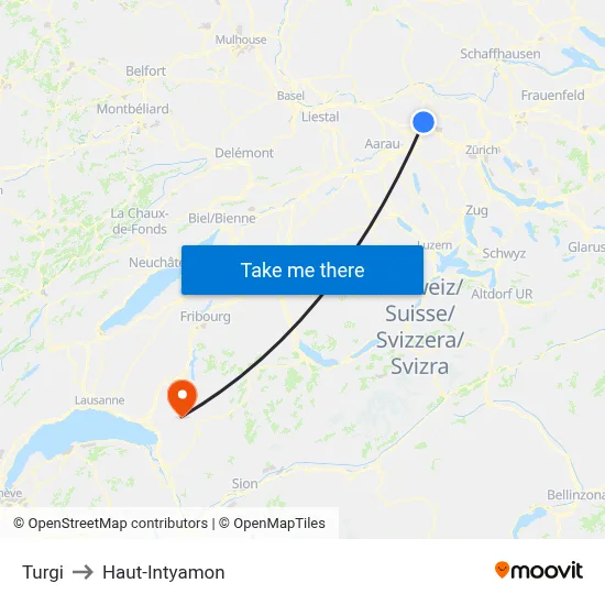Turgi to Haut-Intyamon map