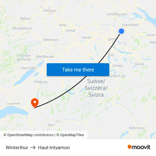 Winterthur to Haut-Intyamon map