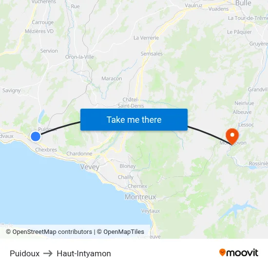 Puidoux to Haut-Intyamon map