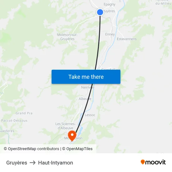 Gruyères to Haut-Intyamon map