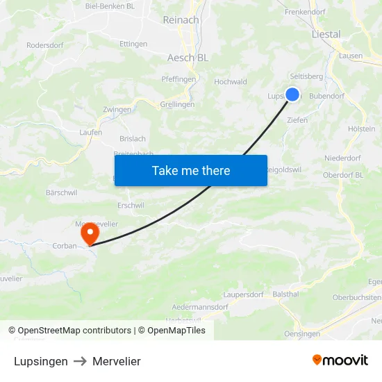 Lupsingen to Mervelier map
