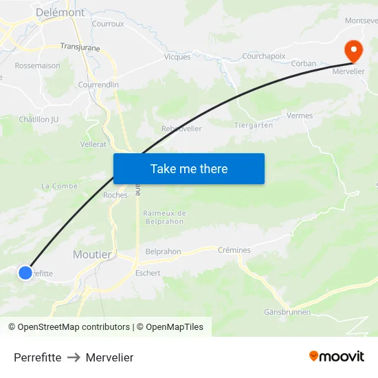 Perrefitte to Mervelier map