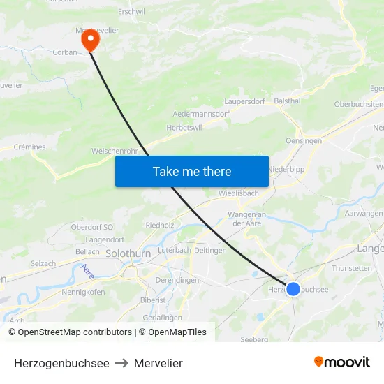 Herzogenbuchsee to Mervelier map