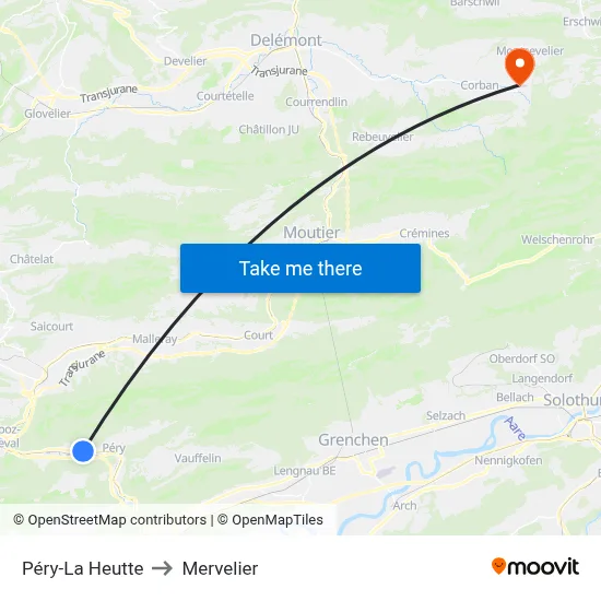Péry-La Heutte to Mervelier map