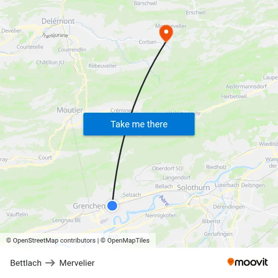 Bettlach to Mervelier map