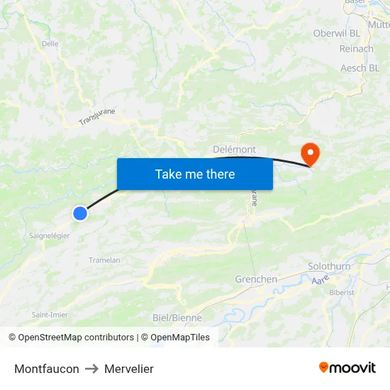 Montfaucon to Mervelier map