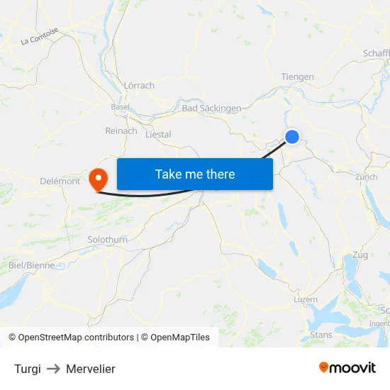 Turgi to Mervelier map