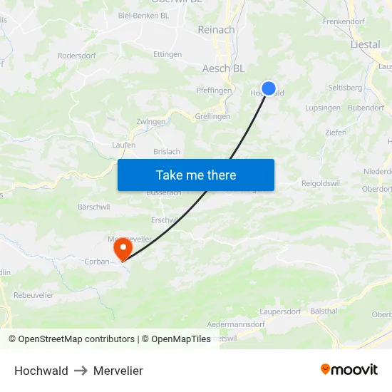 Hochwald to Mervelier map