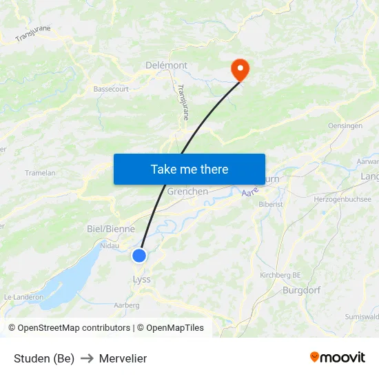 Studen (Be) to Mervelier map