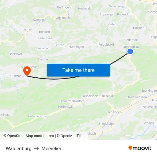 Waldenburg to Mervelier map