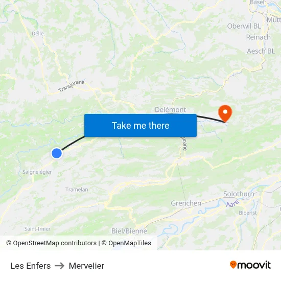 Les Enfers to Mervelier map