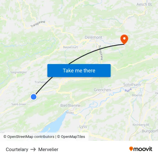 Courtelary to Mervelier map