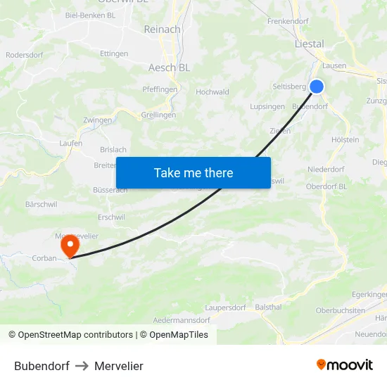 Bubendorf to Mervelier map