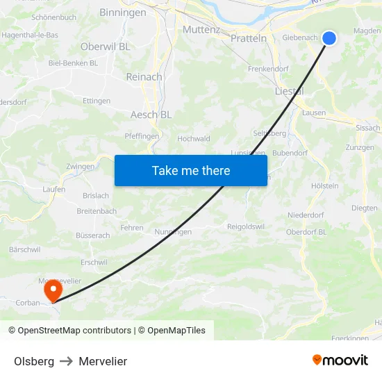 Olsberg to Mervelier map