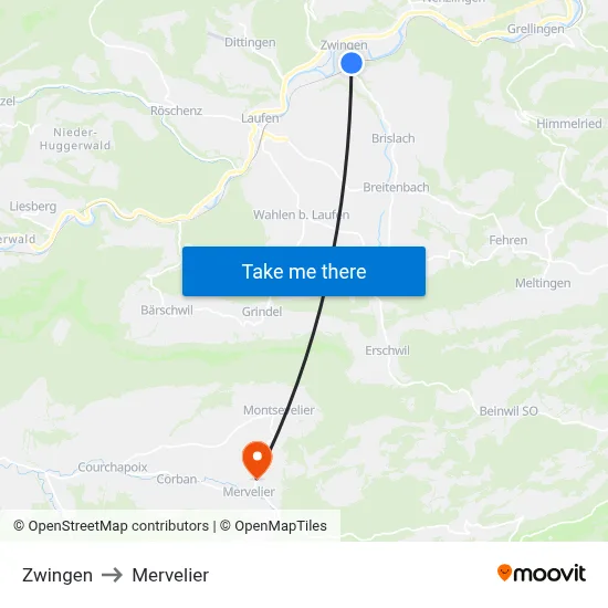 Zwingen to Mervelier map