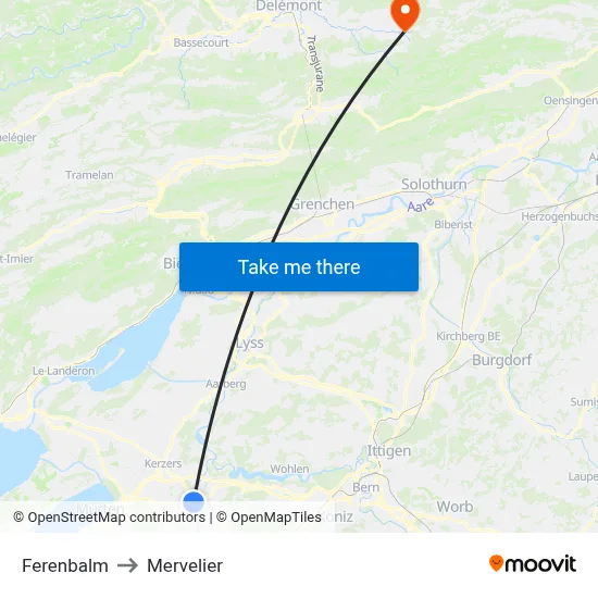 Ferenbalm to Mervelier map