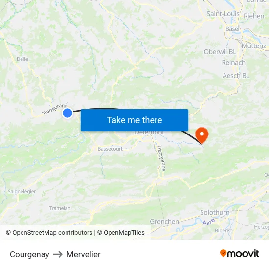 Courgenay to Mervelier map