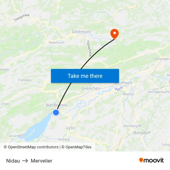 Nidau to Mervelier map