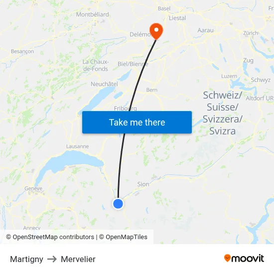 Martigny to Mervelier map