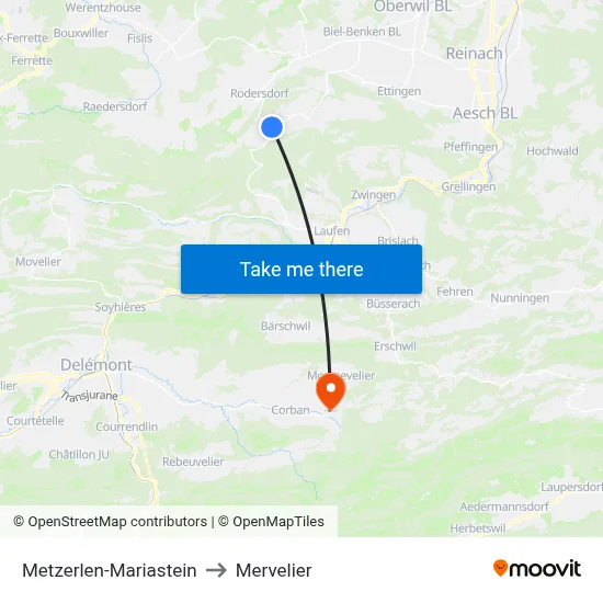 Metzerlen-Mariastein to Mervelier map