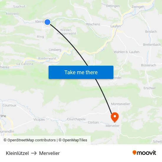 Kleinlützel to Mervelier map