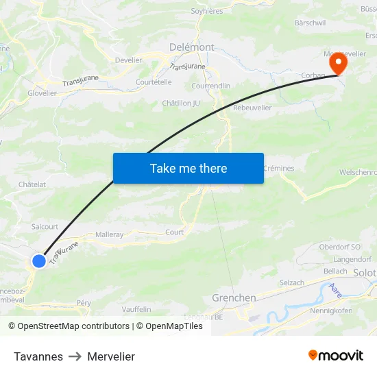 Tavannes to Mervelier map