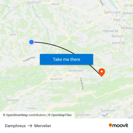 Damphreux to Mervelier map