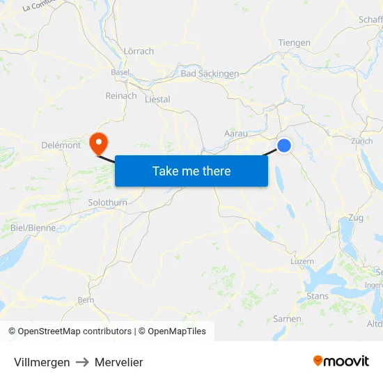 Villmergen to Mervelier map