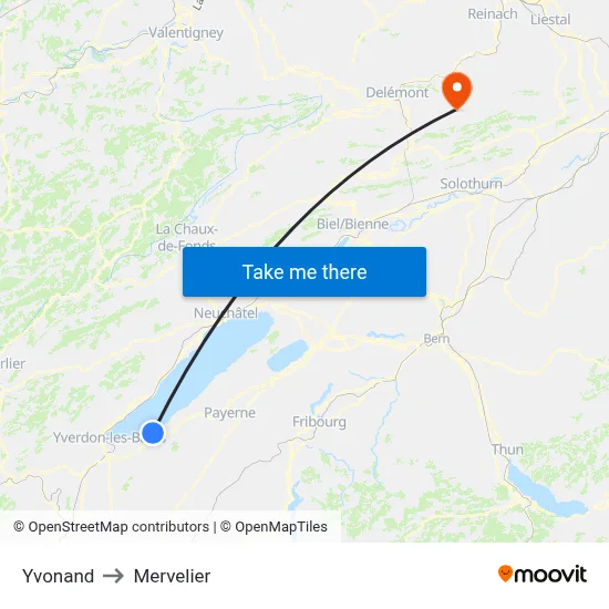 Yvonand to Mervelier map