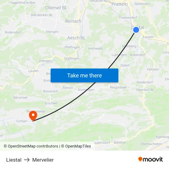Liestal to Mervelier map