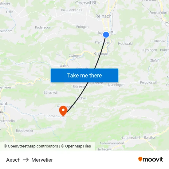 Aesch to Mervelier map
