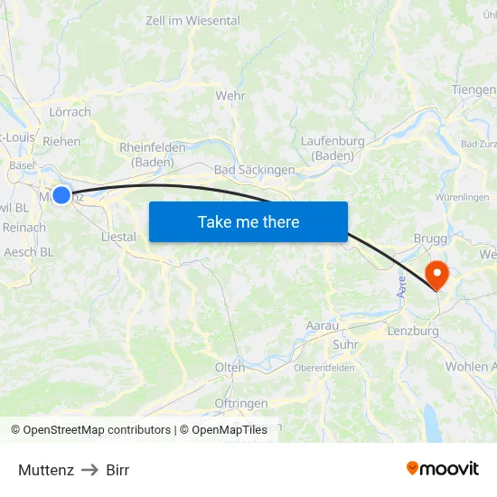 Muttenz to Birr map