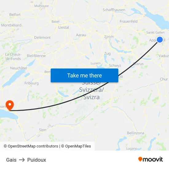 Gais to Puidoux map