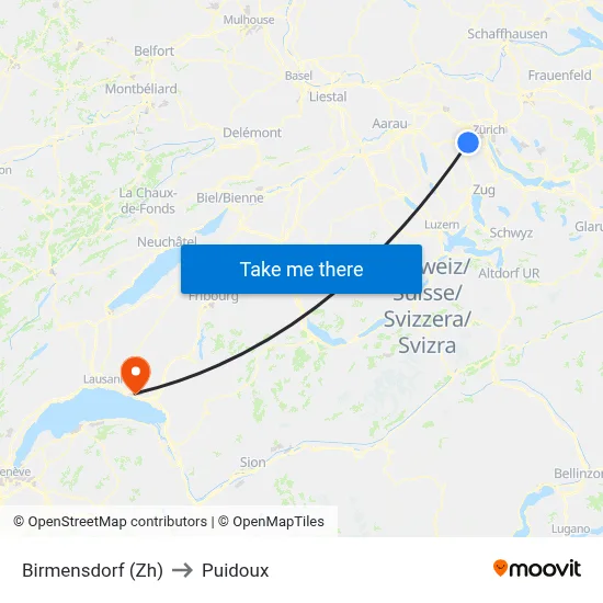 Birmensdorf (Zh) to Puidoux map