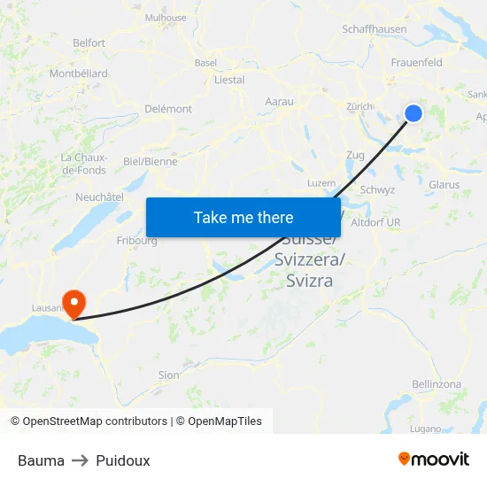 Bauma to Puidoux map