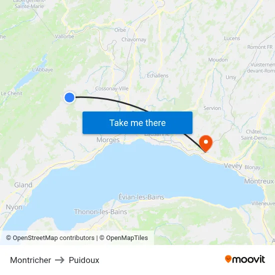 Montricher to Puidoux map