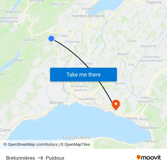 Bretonnières to Puidoux map