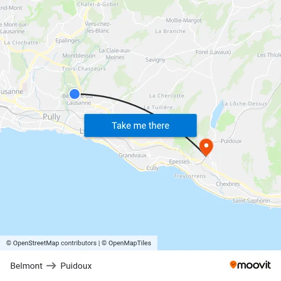 Belmont to Puidoux map
