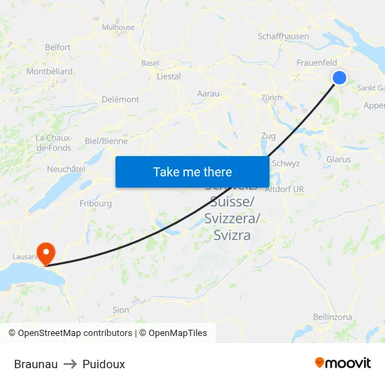 Braunau to Puidoux map