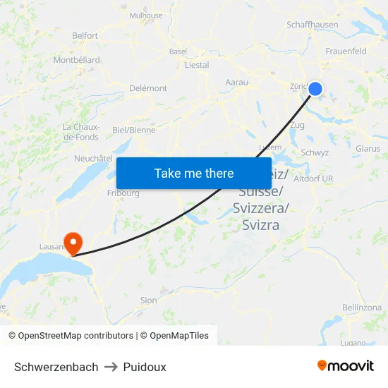Schwerzenbach to Puidoux map