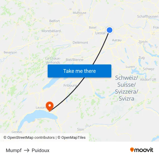 Mumpf to Puidoux map