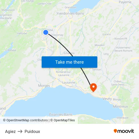 Agiez to Puidoux map