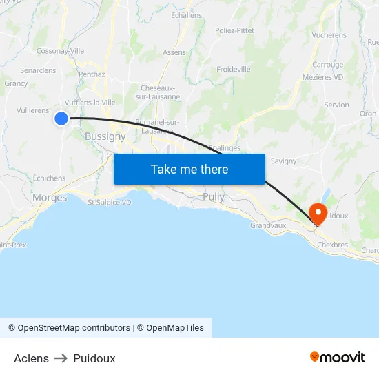 Aclens to Puidoux map