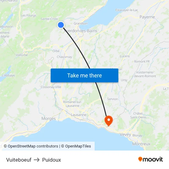 Vuiteboeuf to Puidoux map