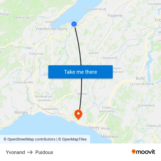 Yvonand to Puidoux map