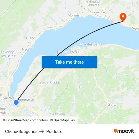 Chêne-Bougeries to Puidoux map