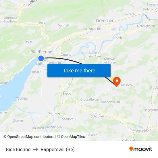 Biel/Bienne to Rapperswil (Be) map