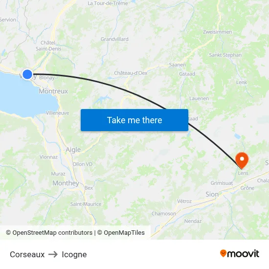 Corseaux to Icogne map