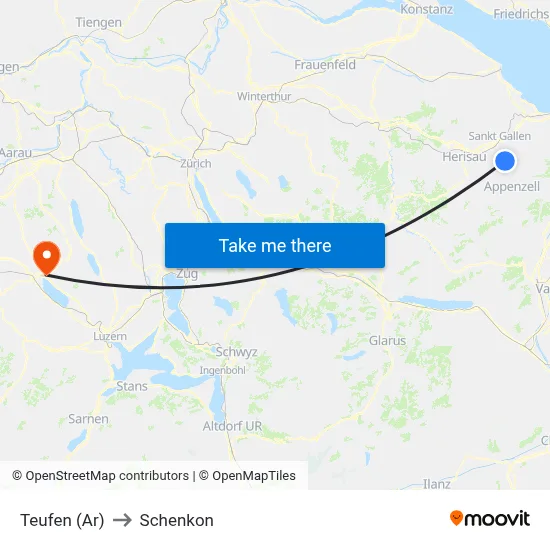 Teufen (Ar) to Schenkon map