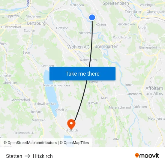 Stetten to Hitzkirch map